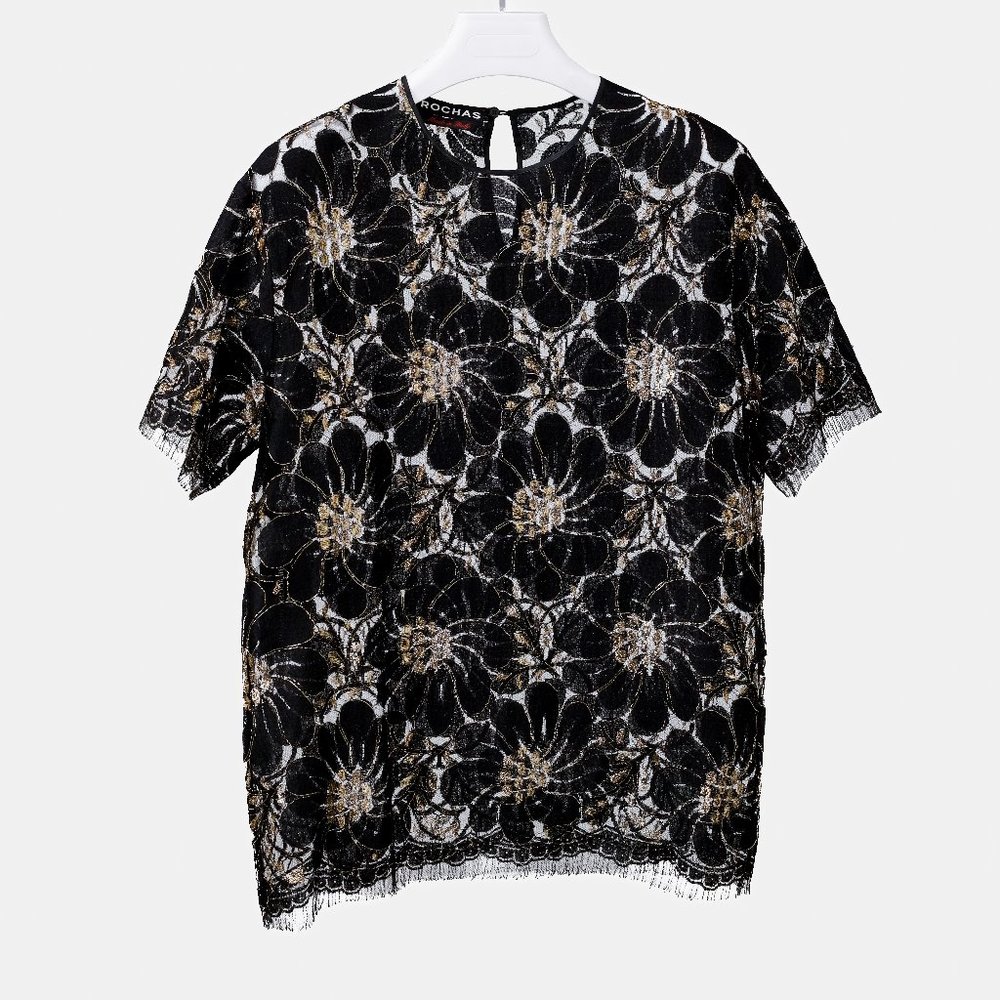 Rochas Floral Black and Gold Lace Top